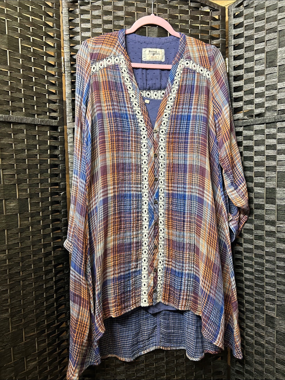 Holding Horses Boho Plaid Crochet-Trim Tunic Top in Rust & Blue -Lined